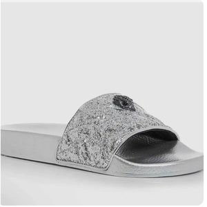 Kurt Geiger Brand New In BOX Meena Silver Metallic Eagle Slides Size 10M